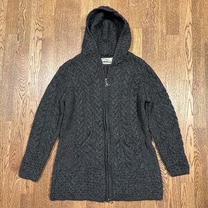 Aran Crafts Ireland Merino Wool Cable Knit Full Zip Hooded Sweater Womens Small